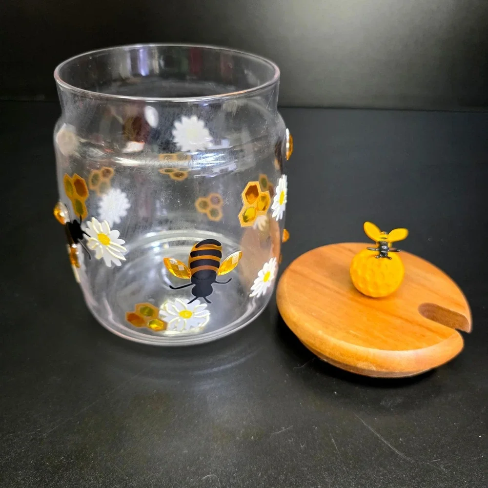 Honey Jar Small Clear Yellow Bee Daisy Glass Wood Lid Decor Cottagecore Honey
